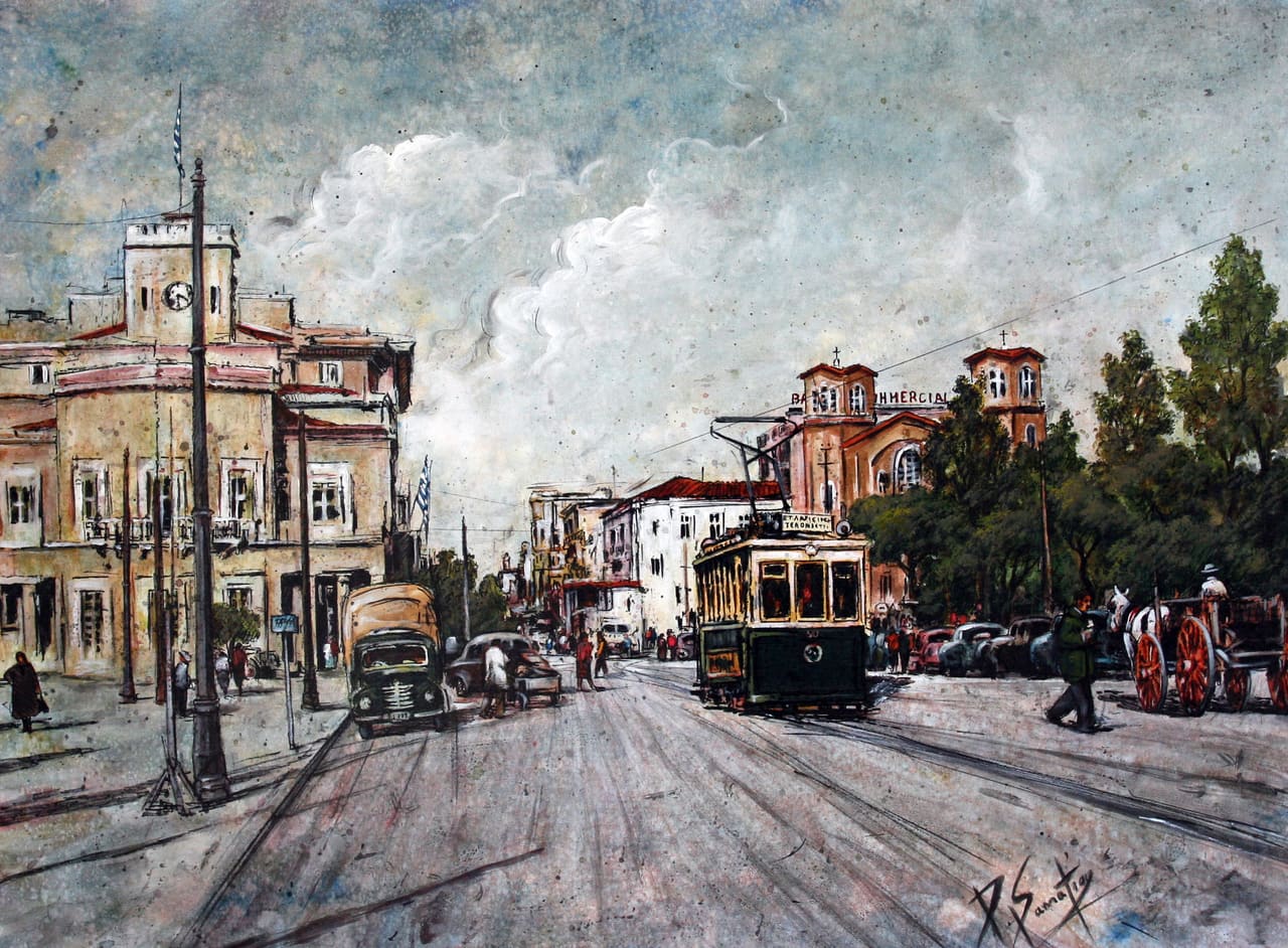 Το τραμ μπροστά από το παλιό ρολόι στον Πειραιά — Σταματίου Δημήτρης